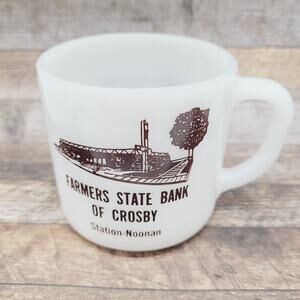 Vtg Milk Glass Mug Cup Farmers State Bank of Crosby Station-Noonan Federal Glass